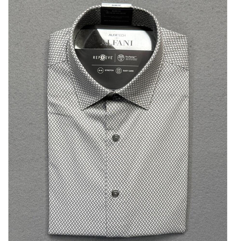 Alfani Men's SlimFit Temp Reg Geo-Print Dress Shirt White Gray 15-15.5 32-33 $65